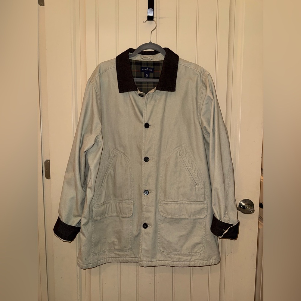 Lands End Barn Chore Jacket Beige with Brown Corduroy Trim Mens XL